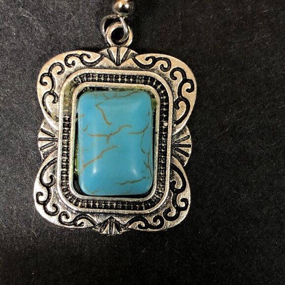 Silver Tone and Faux Turquoise Earrings Rectangle Cabachon Pierced Hook Jewelry - Picture 5 of 7